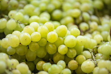 Green grapes and purple grapes in baskets for sale at fresh market , Fruits and vegetables in a display