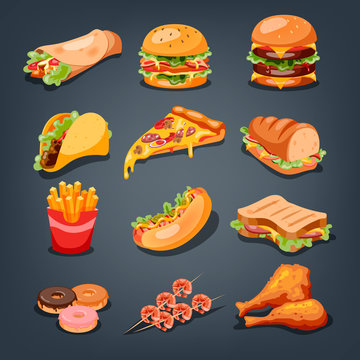 Fast Food Set. Collection Of Tasty Snack. Pizza And Burger