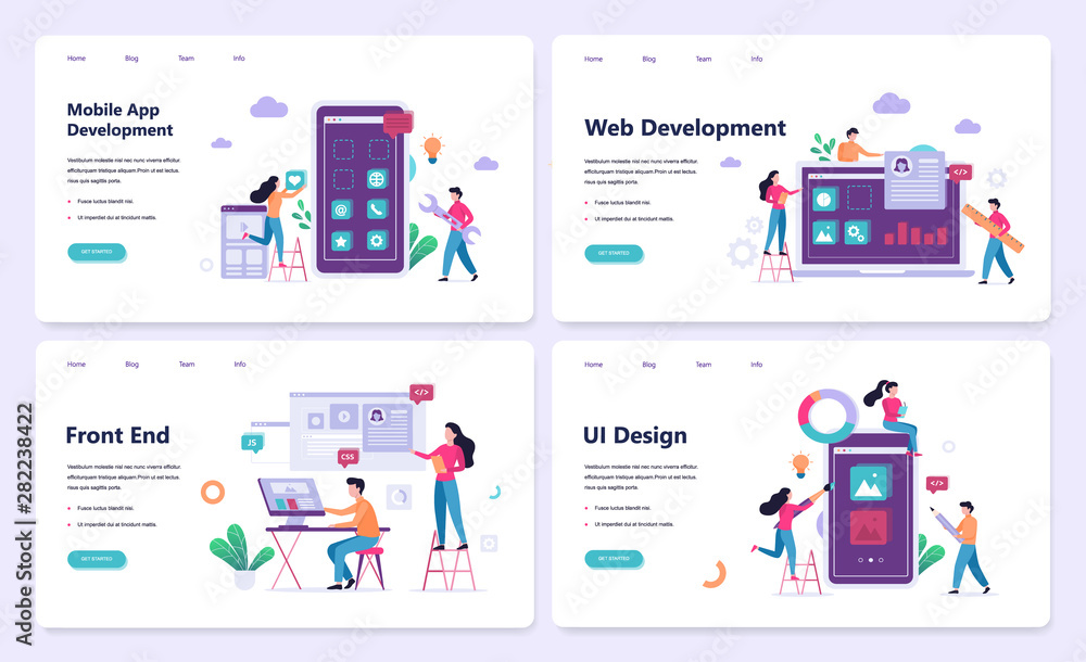 Poster mobile app and web development banner concept set