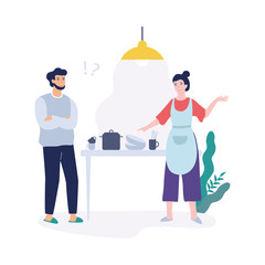 Problems in family. Angry woman pointing at dirty dishes