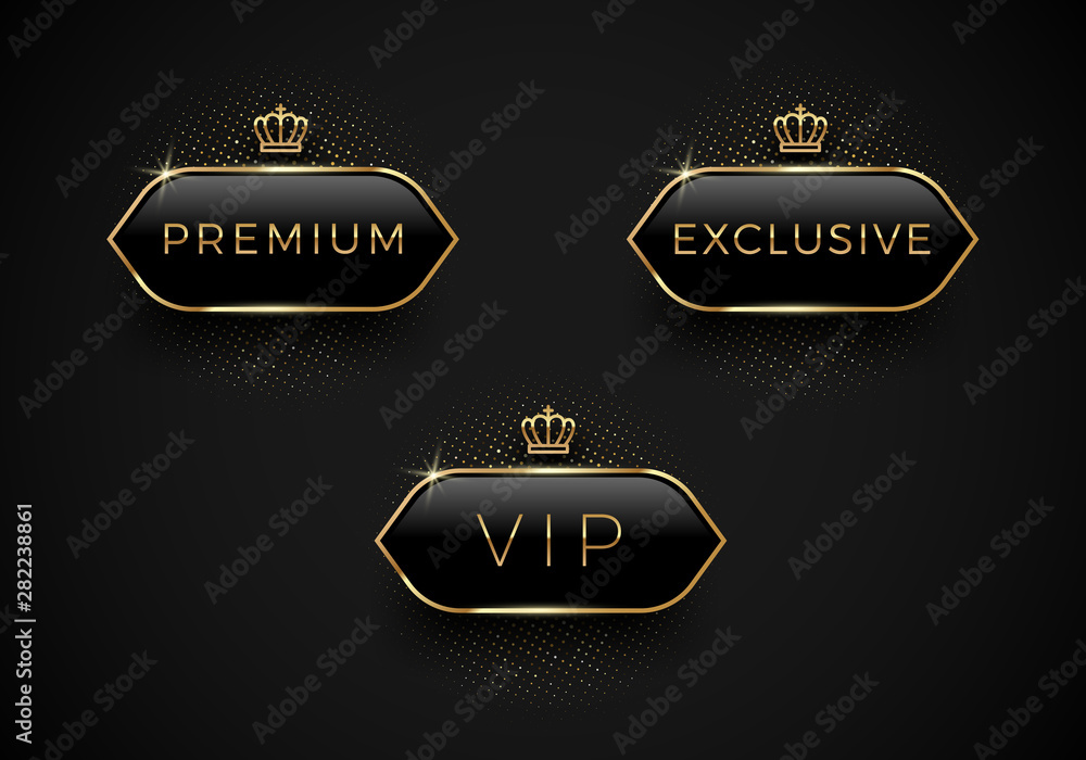 Wall mural vip, premium and exclusive black glass labels with golden crown and frame on a black background. pre - Wall murals