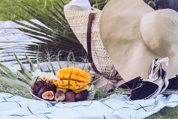 Summer picnic with a plate of tropical fruits.