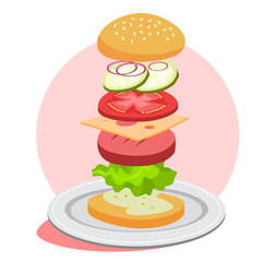 Burger ingredients. Bread and cheese, salad and tomato
