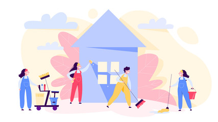 Cleaning service concept banner. People in uniform