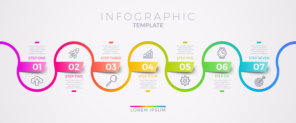 Infographic template design with business icons. Flow chart with seven options or steps. Infographic business concept. Design for presentation, promotion, workflow layout, diagram, annual report & etc - obrazy, fototapety, plakaty