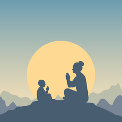 Silhouettes of a child and a woman sitting in a lotus position facing each other on a hilltop. Teacher and disciple learn Namaste. Vector illustration in flat style with mountain landscape and sun.