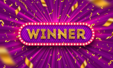 Winner retro signboard and golden foil confetti against a light burst background. Vector illustration. Winner light bulb frame with glitter gold letters. Winners logo. © sergo77