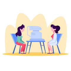 Ophthalmologist doctor examining patient. Oculist in the uniform