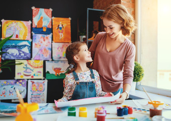 mother and child daughter painting draws in creativity in kindergarten