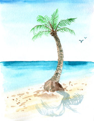 watercolor painted seascape with palm tree