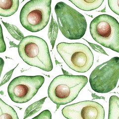 watercolor seamless pattern with avocado drawn on paper with paint splashes