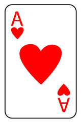 Playing card ace of hearts in red color for casino or card games. A symbol of good luck and winning in a casino and love
