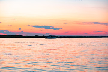 Sunset on the Amur river embankment in Khabarovsk, Russia.