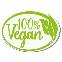 100 percent vegan label or sticker with green leaves vector illustration