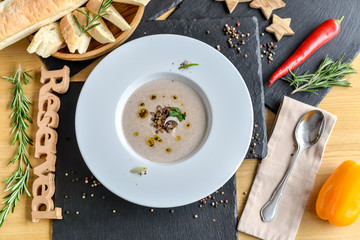 mushroom cream soup in a round round plate