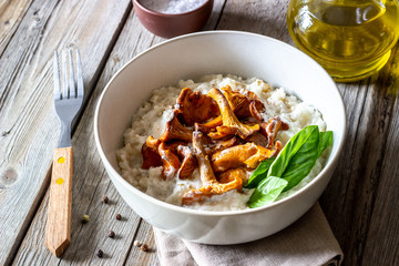 Risotto with mushrooms. Italian cuisine. Proper nutrition. Vegetarian food.