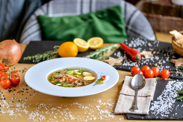 large round noodle soup