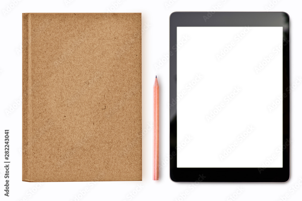Poster Digital tablet mock up on white background with notebook pencil stationary of student or business man copy space and Clipping path on blank screen easy replace you design .