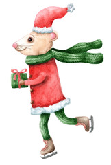 2020 symbol of a mouse in Christmas clothes on ice skates with a gift