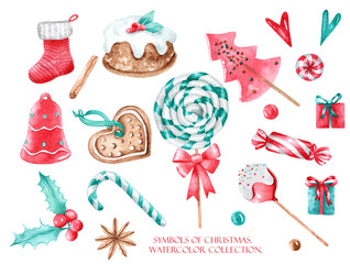 Watercolor New Year and Christmas set of isolated illustrations of desserts and symbols.