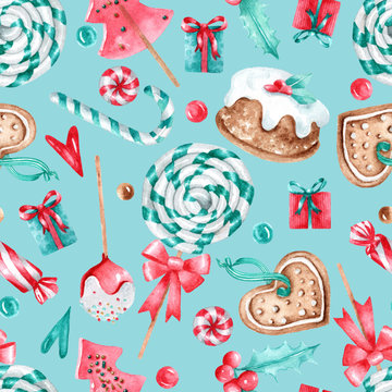 Watercolor New Year and Christmas pattern with desserts and symbols.