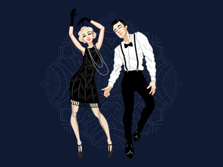 Retro party card, man and woman dressed in 1920s style dancing, flapper girls handsome guy in vintage suit, twenties, vector illustration
