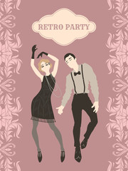 Retro party card, man and woman dressed in 1920s style dancing, flapper girls handsome guy in vintage suit, twenties, vector illustration