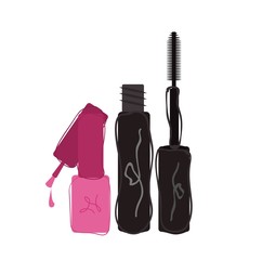 Mascara and nail polish for make up. Flat icon. Vector illustration on white background.