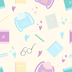 Vector seamless pattern with school satchel, books, pencils, glasses and hearts on white background.  For decoration, invitation, fabric and textile print, wallpapers, covers, gift and wrapping paper.
