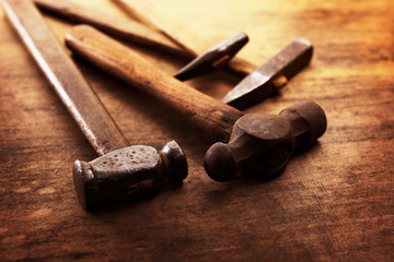 Old Hammers on a old wooden workdesk