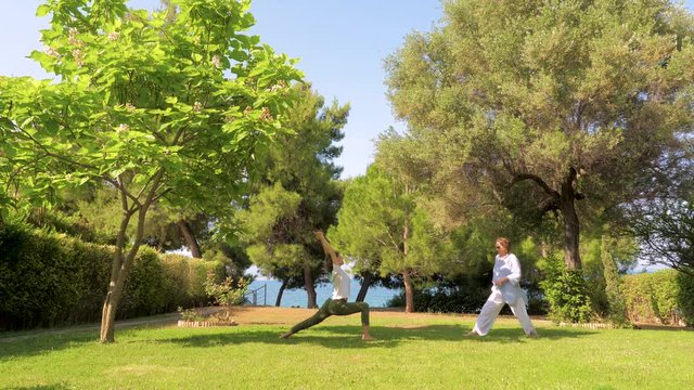 Elder mother with adult daughter doing yoga pose. Adult daughter and mother doing exercises, fitness. Perfect place for yoga fitness. Body perfection day by day in any age