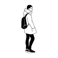 Young man with backpack standing and smiling. Side view. Monochrome vector illustration of man in warm jacket, jeans and sneakers in simple line art style. Hand drawn sketch on white background.