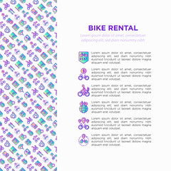 Fototapeta na wymiar Bike rental concept with thin line icons: rates, bicycle tours, pet trailer, padlock, helmet, child seat, sharing, pointer, deposit, mobile app, cycling route. Vector illustration for sport issues.
