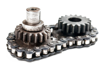 Driving roller chain  and gear isolated on white background.Copy space