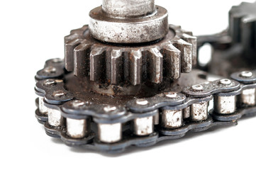 Driving roller chain  and gear isolated on white background.Copy space