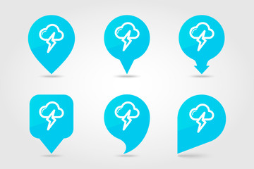 Cloud Lightning pin map icon. Meteorology. Weather