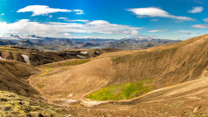 Fototapeta na wymiar Panorama of the landscape in Iceland on the Laugavegur trekking route and hiking trail