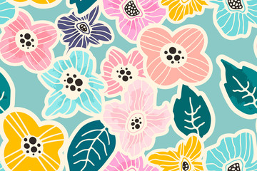 Naklejka premium Colorful floral seamless pattern with flowers and leaves 