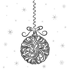 Contour Christmas ball made from ornament elements. Image is a black line. Silhouette. New Year. Christmas. Celebration.