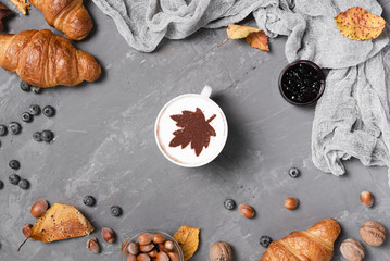 Top view of croissants and coffee breakfast