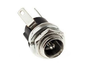 Panel mounted power socket for low voltage applications, isolated on white. Electronics component. Spare part.