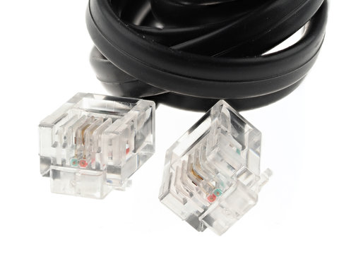 Black telephone cable with RJ11 connectors, isolated on white