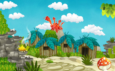 cartoon cavemen village scene with volcano in the background - illustration for children