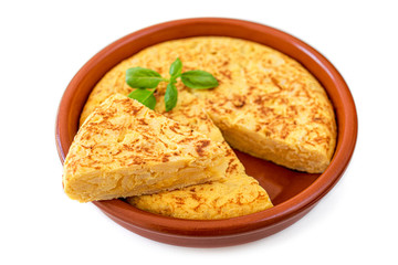 Omelet made of eggs and potatoes  isolated on white background. Spanish Omelette - Traditional tortilla tapas de patatas