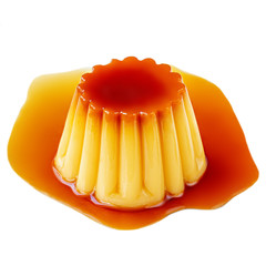 Caramel custard pudding isolated on a white background. Homemade Flan  dessert with sweett caramel...