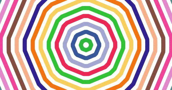 Abstract concentric geometric waves shapes in multicolor animation. Hypnotic graphic effect with fast transitions. Hexagon, Octagon wave form in fast transitions. Explosion of concentric colors