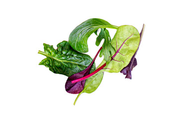 Pile of Salad Leaves isolated on white background. Green  salad with arugula, lettuce, chard,...