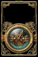 Fototapeta na wymiar Steampunk aged metal frame with old clock