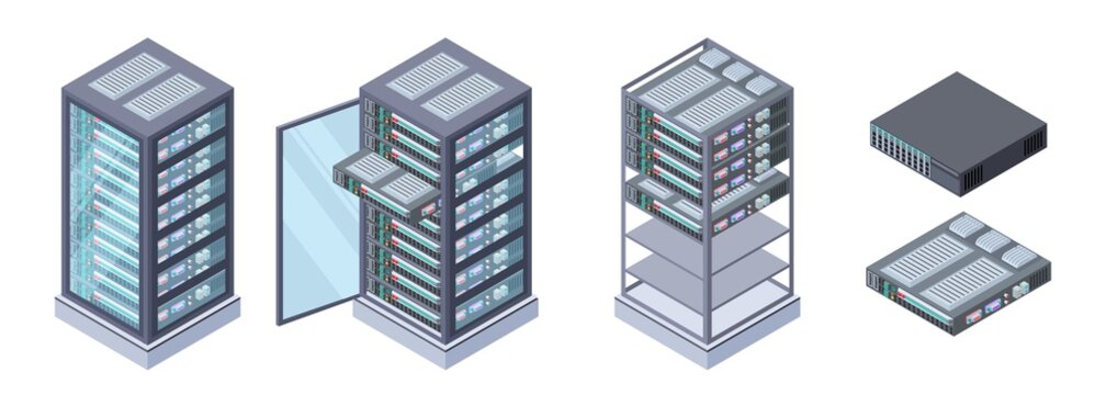 Isometric servers, data storages vector. 3D computer equipment isolated on white background. Storage database, equipment server network, big data safe illustration