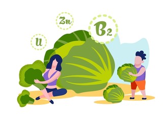 Young Mother with Broccoli in Hands and Little Son